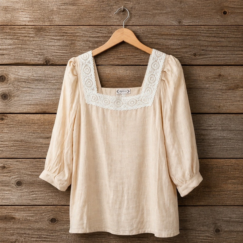Nanette M Lepore Warm Sand Lace Square Neck Blouse TW1S17W71 Medium NWT